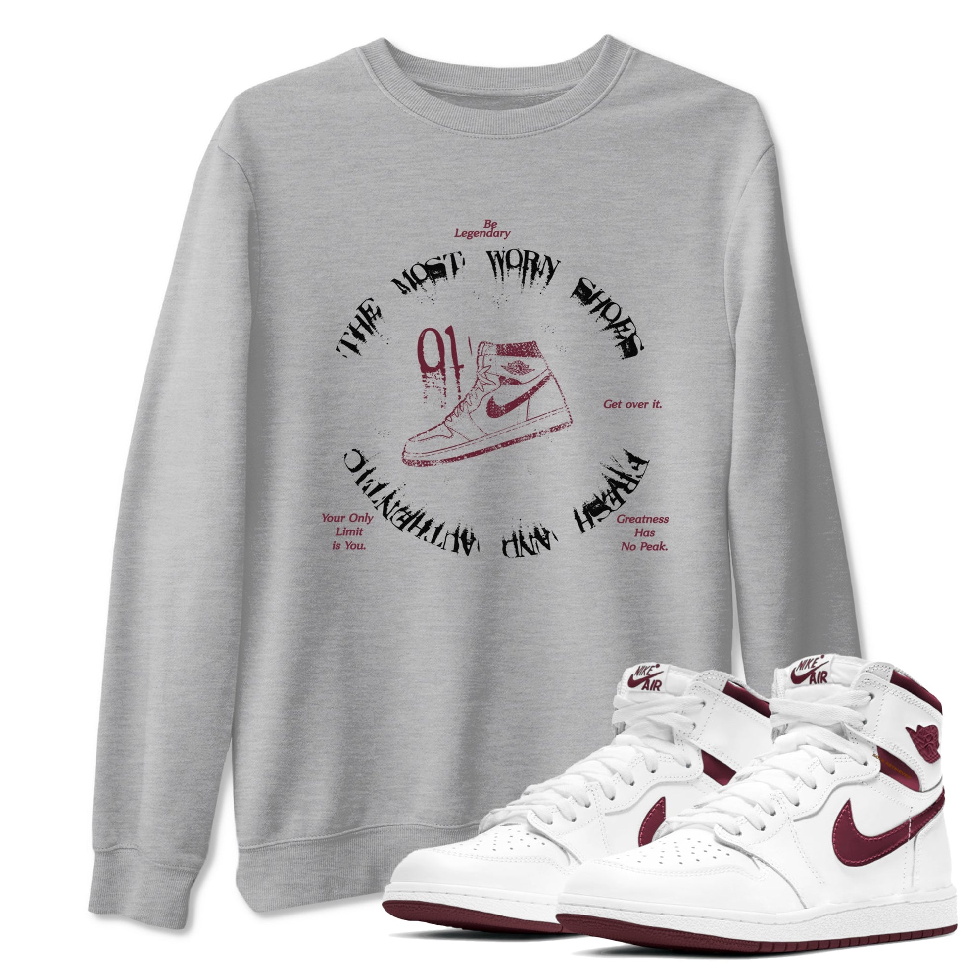 1s Metallic Burgundy shirts to match jordans The Most Worn Shoes sneaker match tees Jordan 1 Retro High '85 OG Metallic Burgundy SNRT Sneaker Tees streetwear brand Heather Grey 1 unisex cotton tee