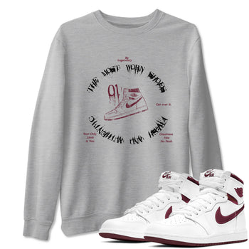 1s Metallic Burgundy shirts to match jordans The Most Worn Shoes sneaker match tees Jordan 1 Retro High '85 OG Metallic Burgundy SNRT Sneaker Tees streetwear brand Heather Grey 1 unisex cotton tee