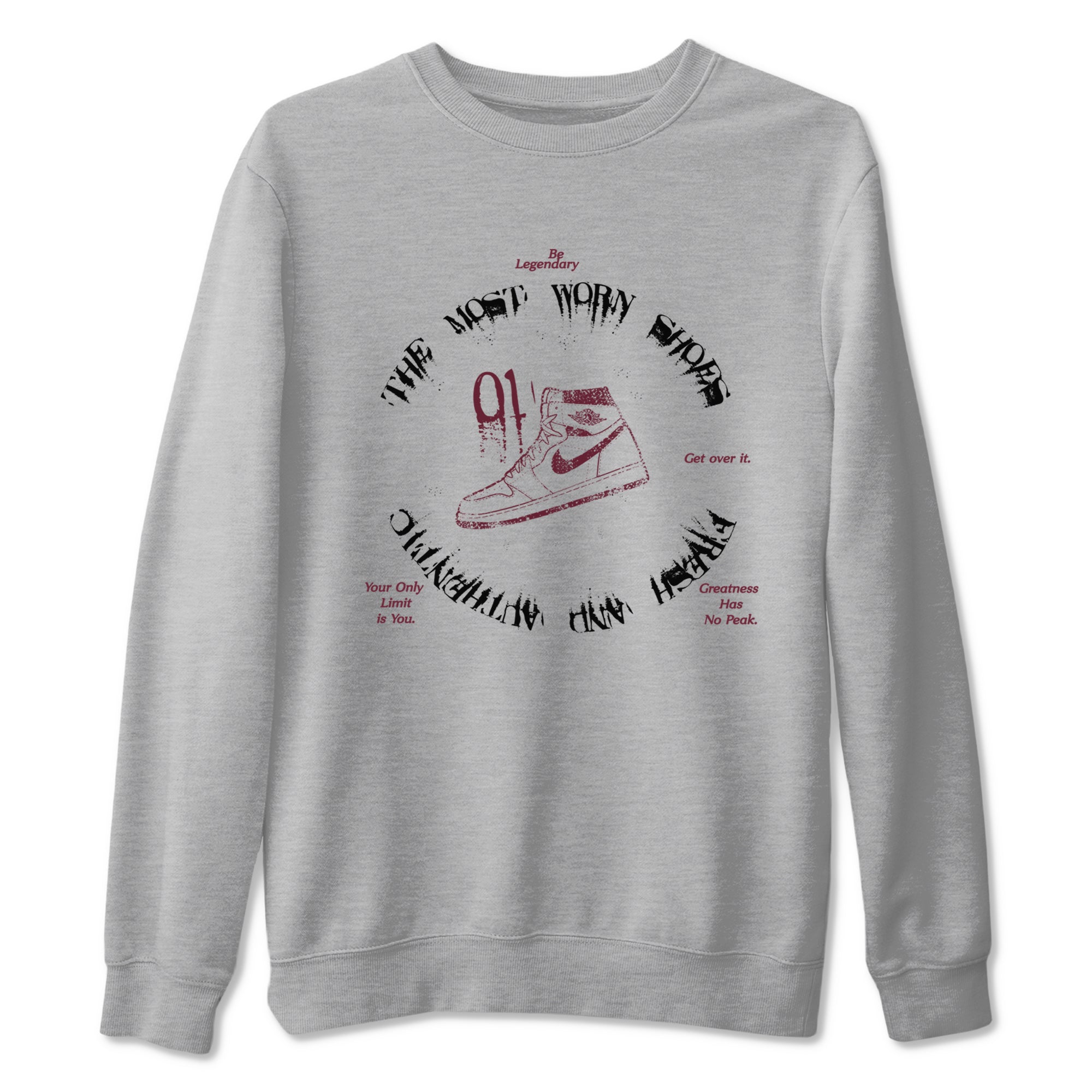 1s Metallic Burgundy shirts to match jordans The Most Worn Shoes sneaker match tees Jordan 1 Retro High '85 OG Metallic Burgundy SNRT Sneaker Tees streetwear brand Heather Grey 2 unisex cotton tee