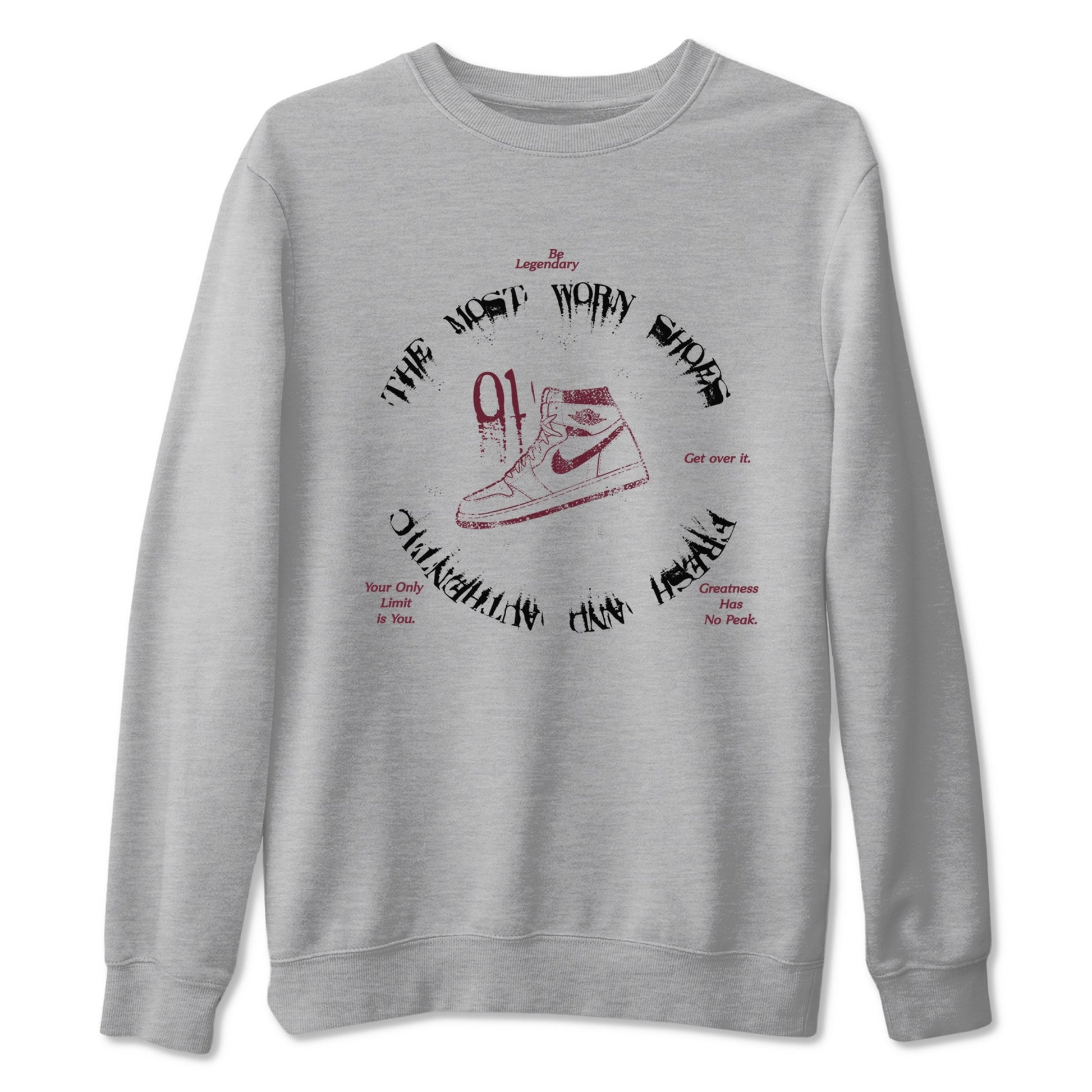 1s Metallic Burgundy shirts to match jordans The Most Worn Shoes sneaker match tees Jordan 1 Retro High '85 OG Metallic Burgundy SNRT Sneaker Tees streetwear brand Heather Grey 2 unisex cotton tee