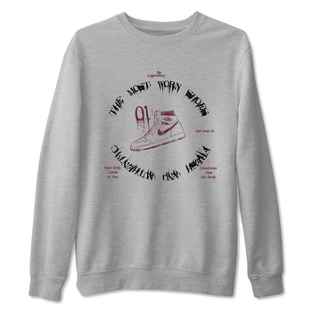1s Metallic Burgundy shirts to match jordans The Most Worn Shoes sneaker match tees Jordan 1 Retro High '85 OG Metallic Burgundy SNRT Sneaker Tees streetwear brand Heather Grey 2 unisex cotton tee