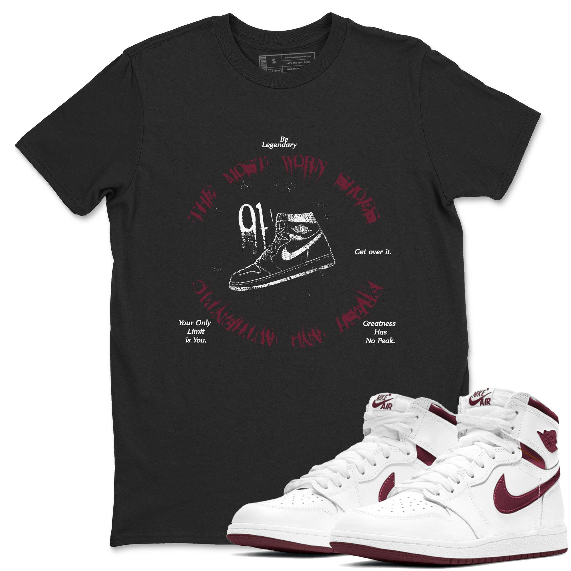1s Metallic Burgundy shirts to match jordans The Most Worn Shoes sneaker match tees Jordan 1 Retro High '85 OG Metallic Burgundy SNRT Sneaker Tees streetwear brand Black 1 unisex cotton tee