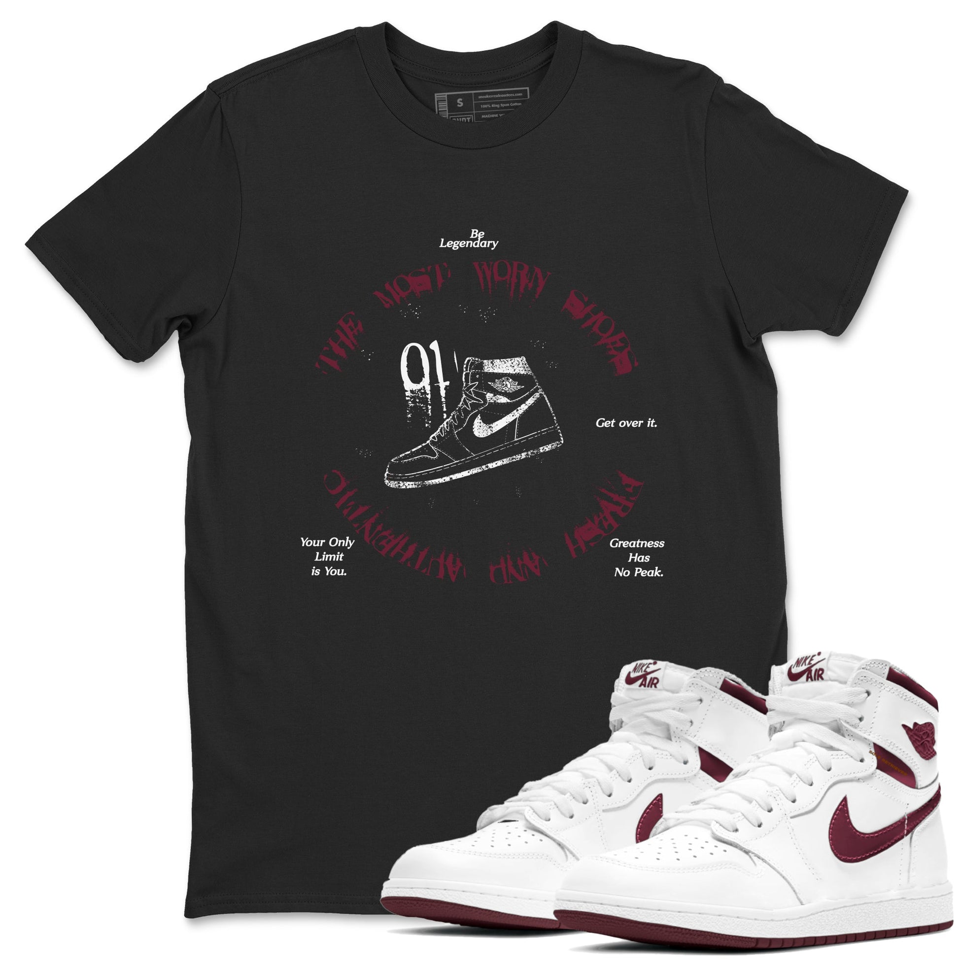 1s Metallic Burgundy shirts to match jordans The Most Worn Shoes sneaker match tees Jordan 1 Retro High '85 OG Metallic Burgundy SNRT Sneaker Tees streetwear brand Black 1 unisex cotton tee