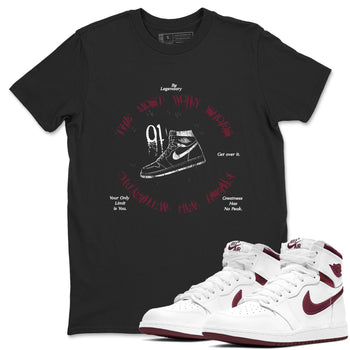 1s Metallic Burgundy shirts to match jordans The Most Worn Shoes sneaker match tees Jordan 1 Retro High '85 OG Metallic Burgundy SNRT Sneaker Tees streetwear brand Black 1 unisex cotton tee