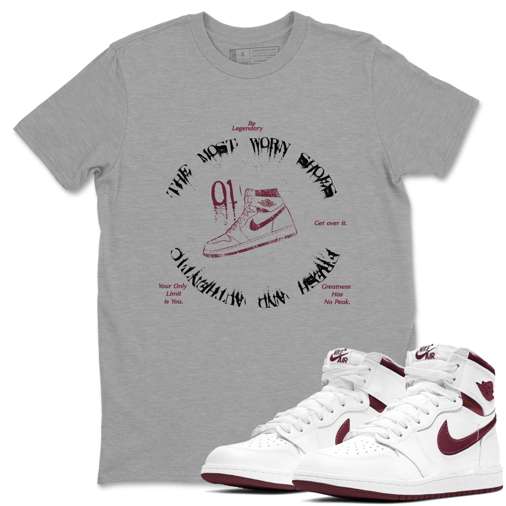1s Metallic Burgundy shirts to match jordans The Most Worn Shoes sneaker match tees Jordan 1 Retro High '85 OG Metallic Burgundy SNRT Sneaker Tees streetwear brand Heather Grey 1 unisex cotton tee