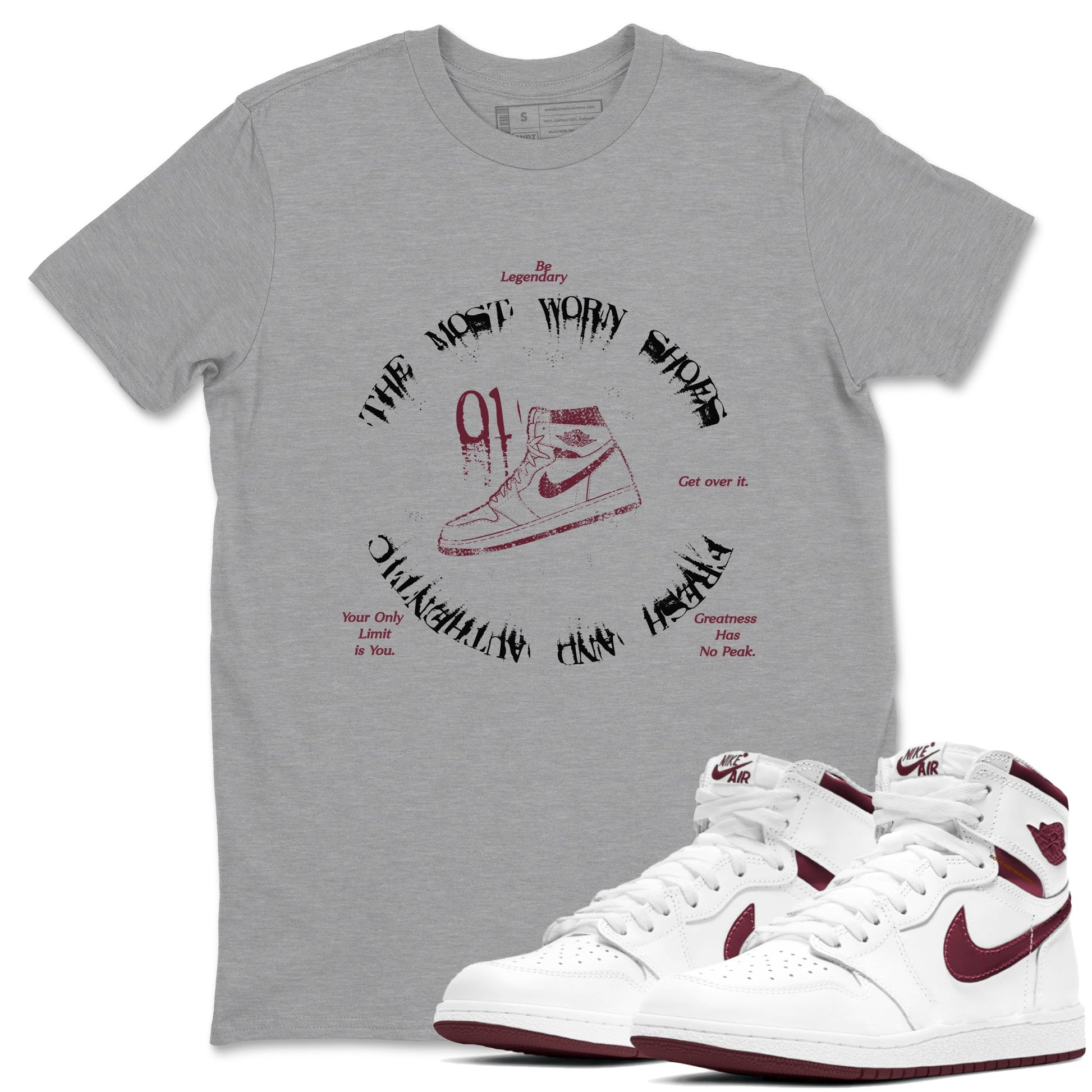 1s Metallic Burgundy shirts to match jordans The Most Worn Shoes sneaker match tees Jordan 1 Retro High '85 OG Metallic Burgundy SNRT Sneaker Tees streetwear brand Heather Grey 1 unisex cotton tee