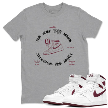 1s Metallic Burgundy shirts to match jordans The Most Worn Shoes sneaker match tees Jordan 1 Retro High '85 OG Metallic Burgundy SNRT Sneaker Tees streetwear brand Heather Grey 1 unisex cotton tee