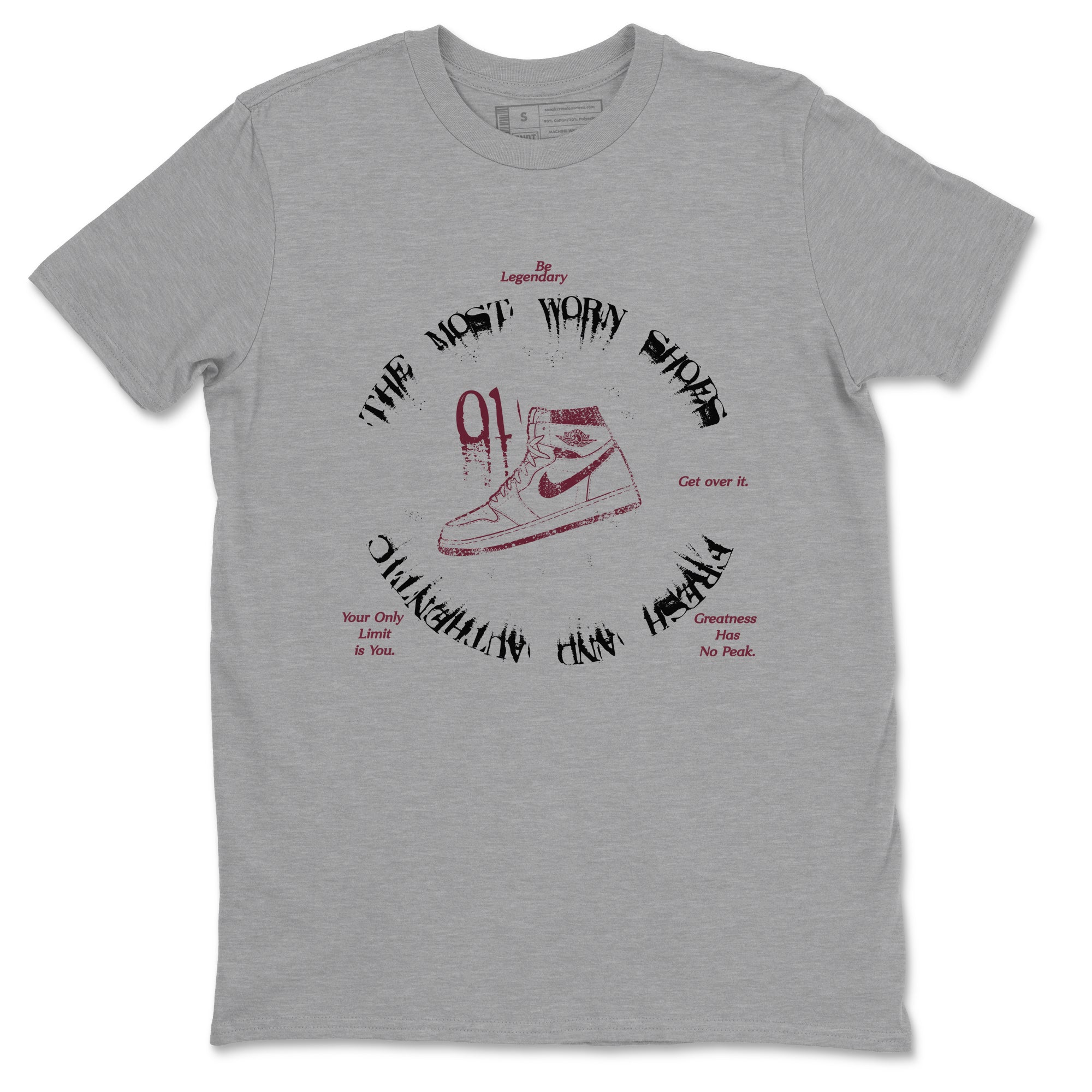 1s Metallic Burgundy shirts to match jordans The Most Worn Shoes sneaker match tees Jordan 1 Retro High '85 OG Metallic Burgundy SNRT Sneaker Tees streetwear brand Heather Grey 2 unisex cotton tee