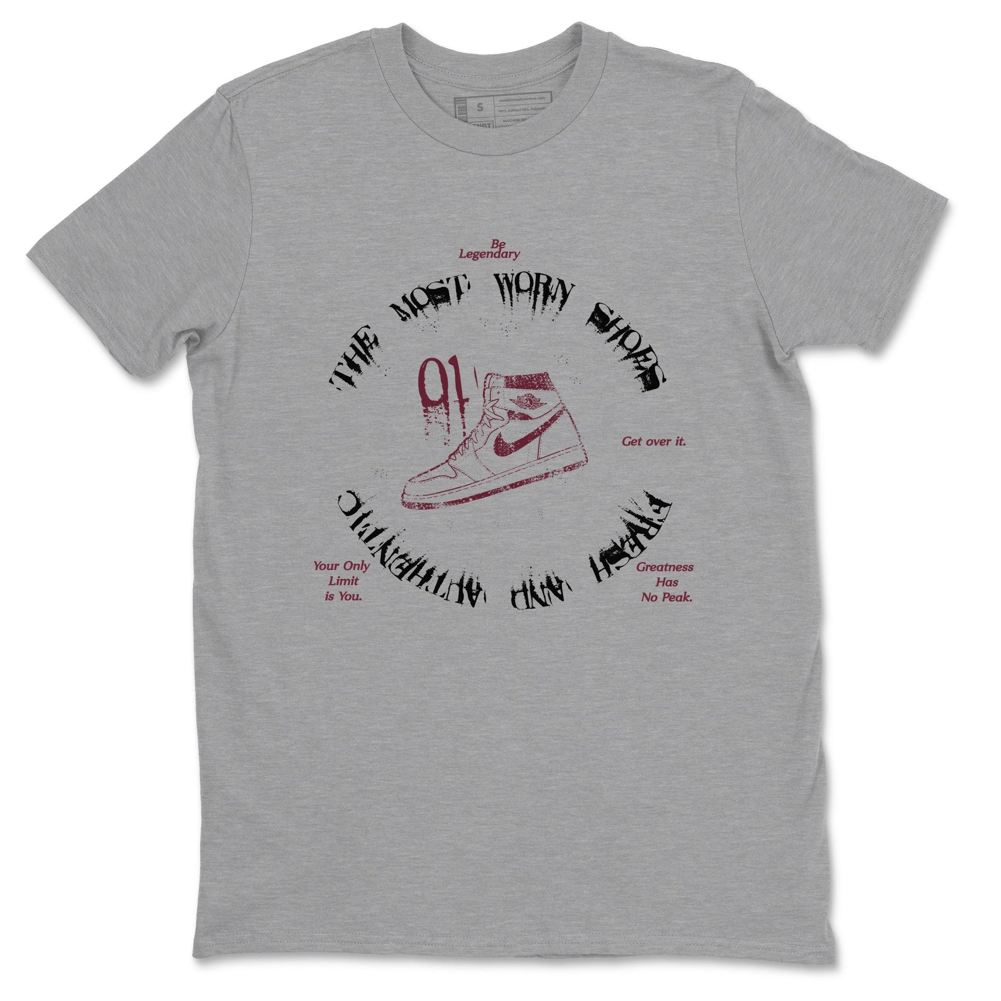 1s Metallic Burgundy shirts to match jordans The Most Worn Shoes sneaker match tees Jordan 1 Retro High '85 OG Metallic Burgundy SNRT Sneaker Tees streetwear brand Heather Grey 2 unisex cotton tee