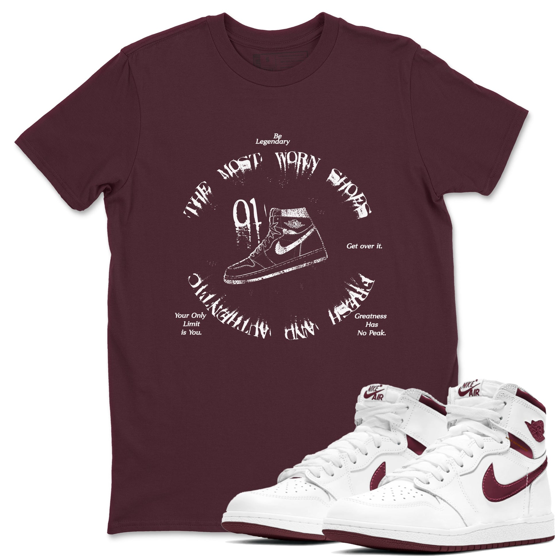 1s Metallic Burgundy shirts to match jordans The Most Worn Shoes sneaker match tees Jordan 1 Retro High '85 OG Metallic Burgundy SNRT Sneaker Tees streetwear brand Maroon 1 unisex cotton tee