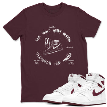 1s Metallic Burgundy shirts to match jordans The Most Worn Shoes sneaker match tees Jordan 1 Retro High '85 OG Metallic Burgundy SNRT Sneaker Tees streetwear brand Maroon 1 unisex cotton tee