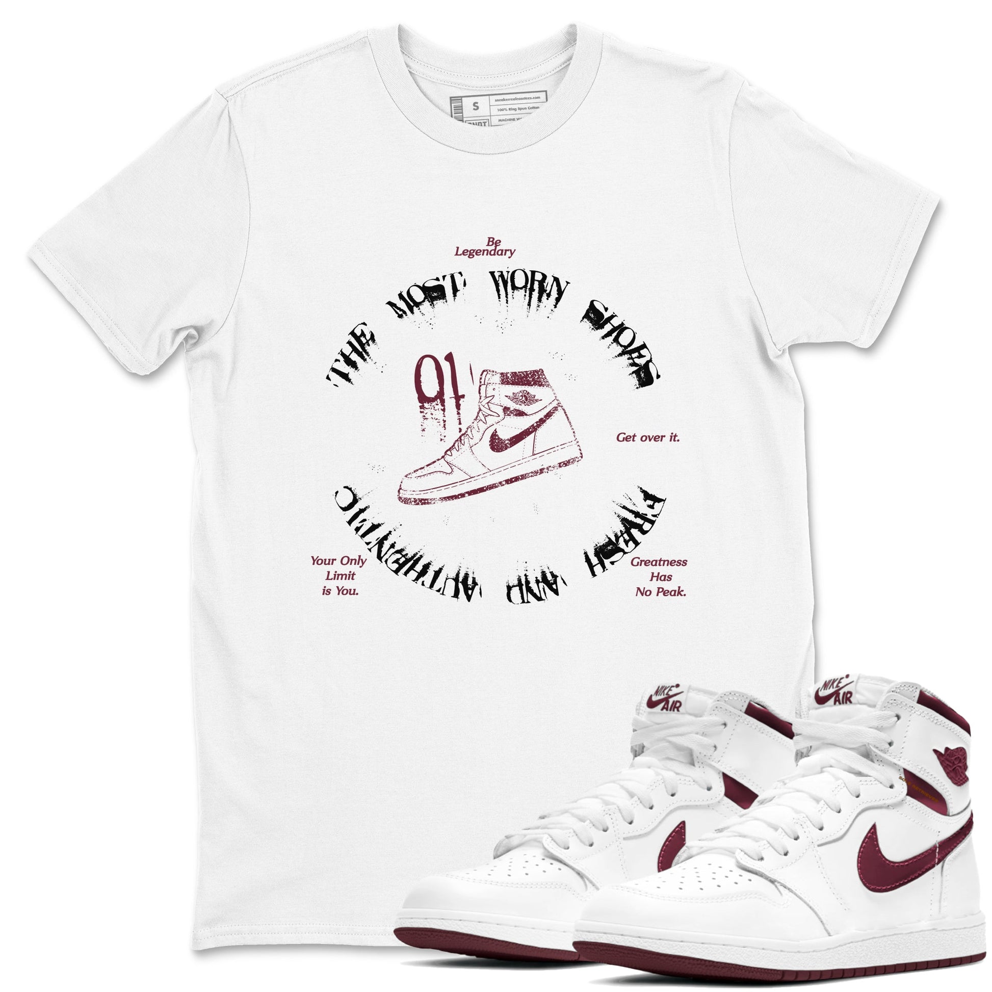 1s Metallic Burgundy shirts to match jordans The Most Worn Shoes sneaker match tees Jordan 1 Retro High '85 OG Metallic Burgundy SNRT Sneaker Tees streetwear brand White 1 unisex cotton tee