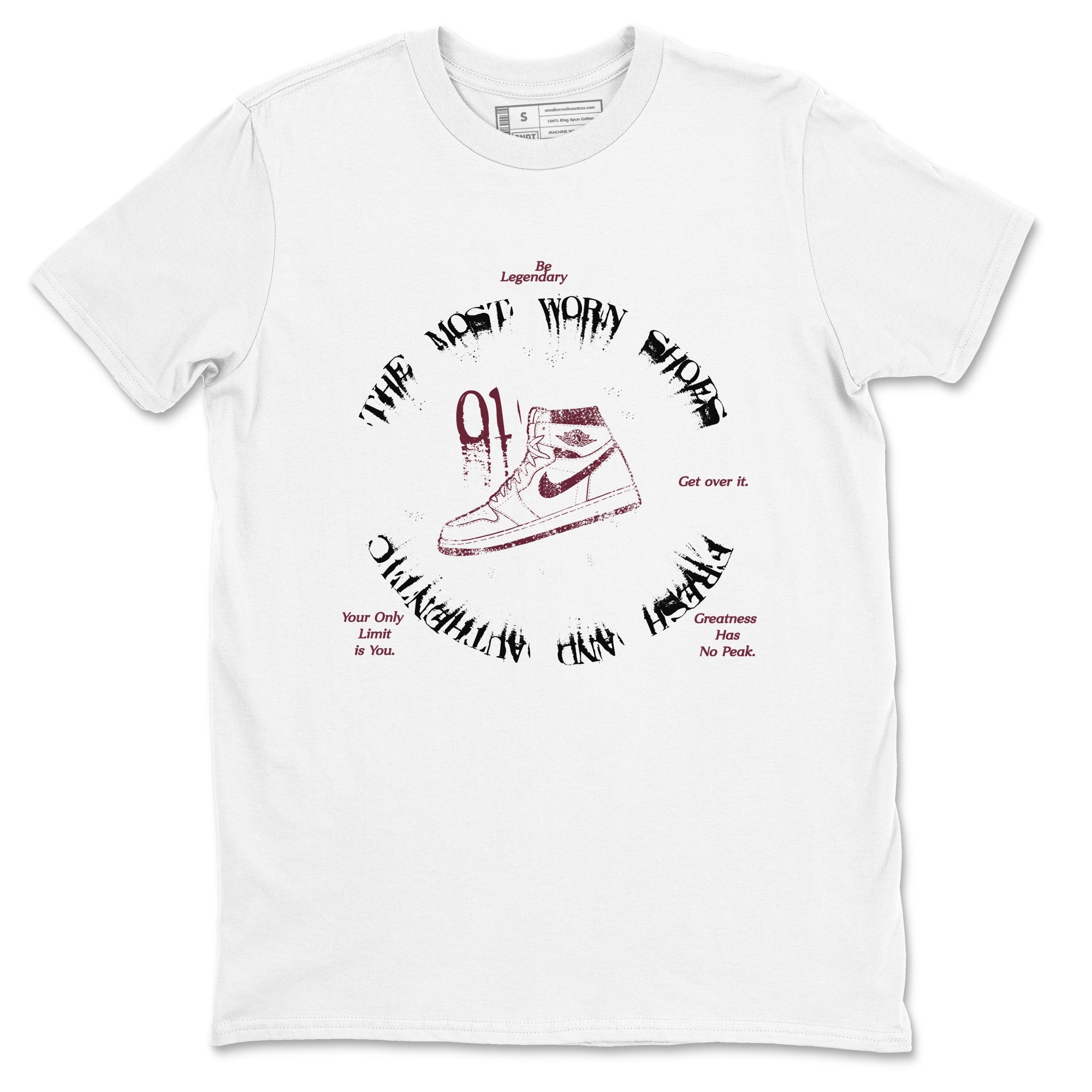 1s Metallic Burgundy shirts to match jordans The Most Worn Shoes sneaker match tees Jordan 1 Retro High '85 OG Metallic Burgundy SNRT Sneaker Tees streetwear brand White 2 unisex cotton tee