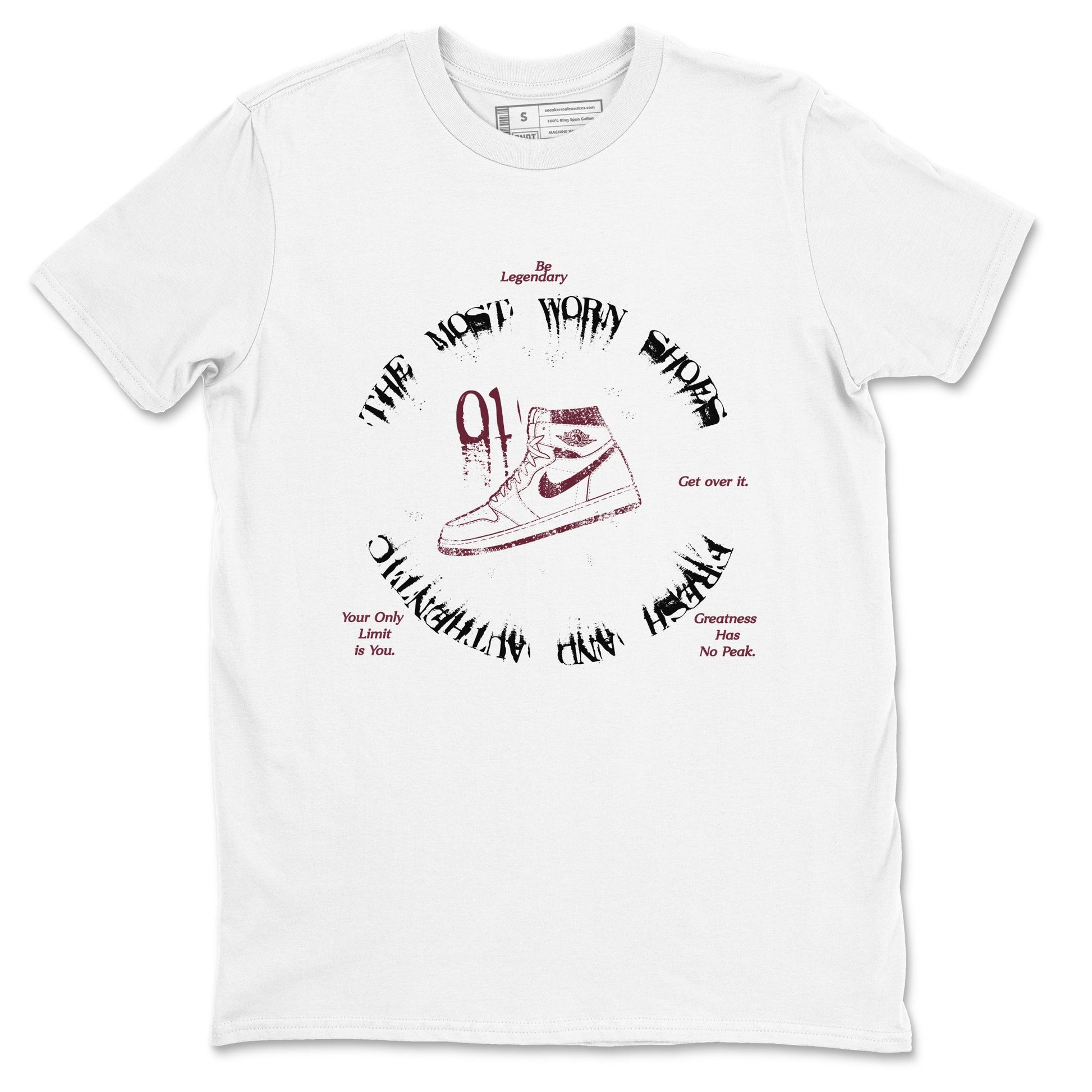 1s Metallic Burgundy shirts to match jordans The Most Worn Shoes sneaker match tees Jordan 1 Retro High '85 OG Metallic Burgundy SNRT Sneaker Tees streetwear brand White 2 unisex cotton tee