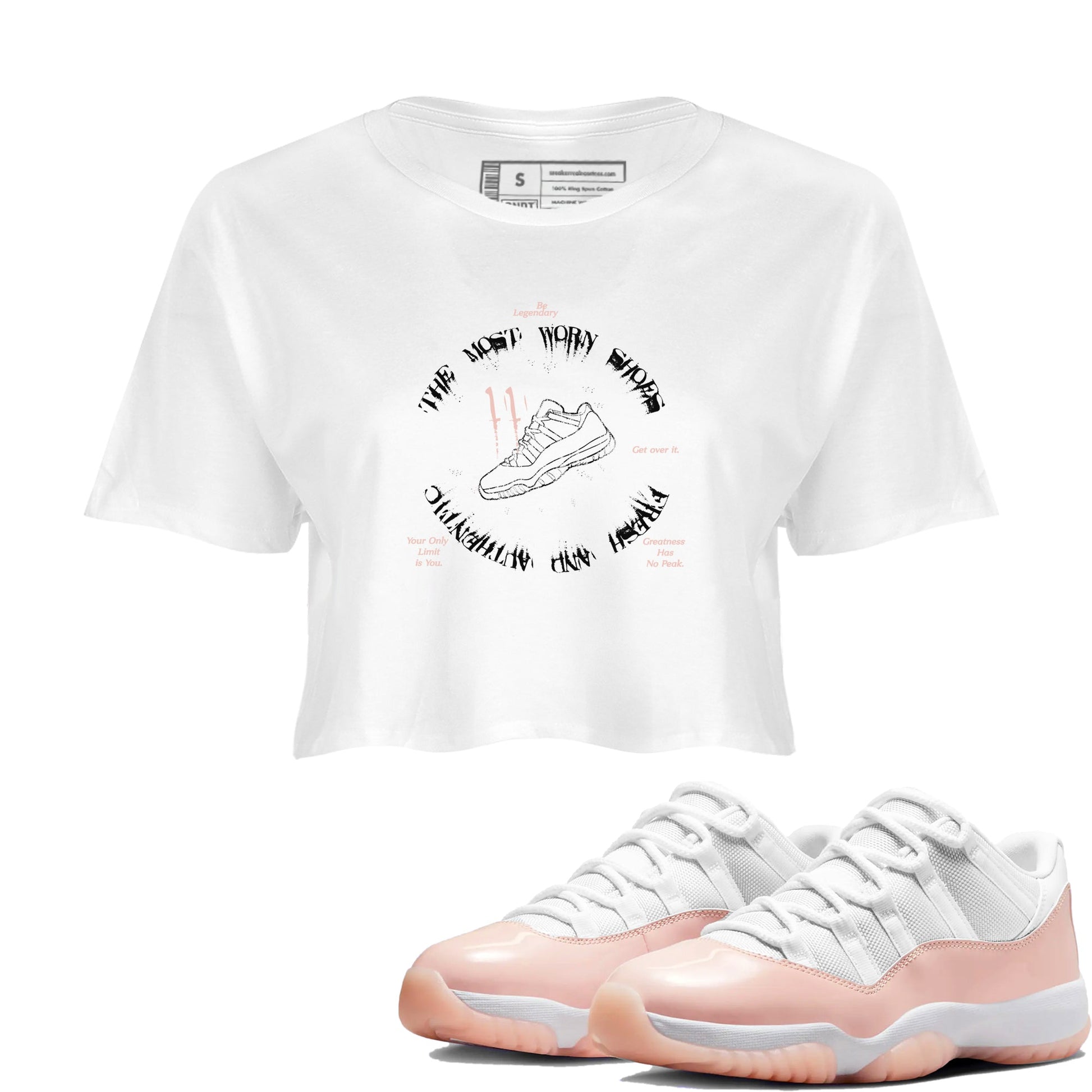 11s Legend Pink shirts to match jordans The Most Worn Shoes sneaker match tees Air Jordan 11 Legend Pink SNRT Sneaker Tees streetwear brand White 1 crop tee