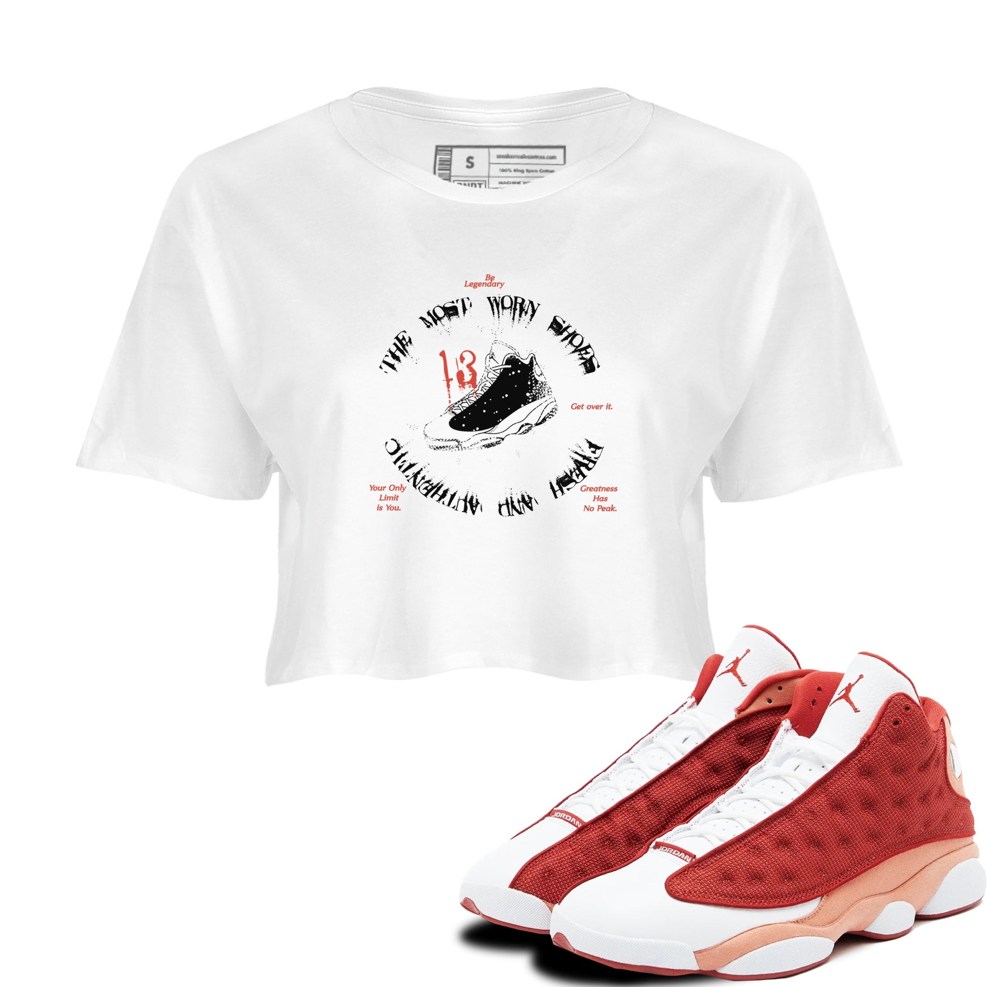 13s Dune Red shirts to match jordans The Most Worn Shoes sneaker match tees Air Jordan 13 Dune Red SNRT Sneaker Tees streetwear brand White 1 crop tee