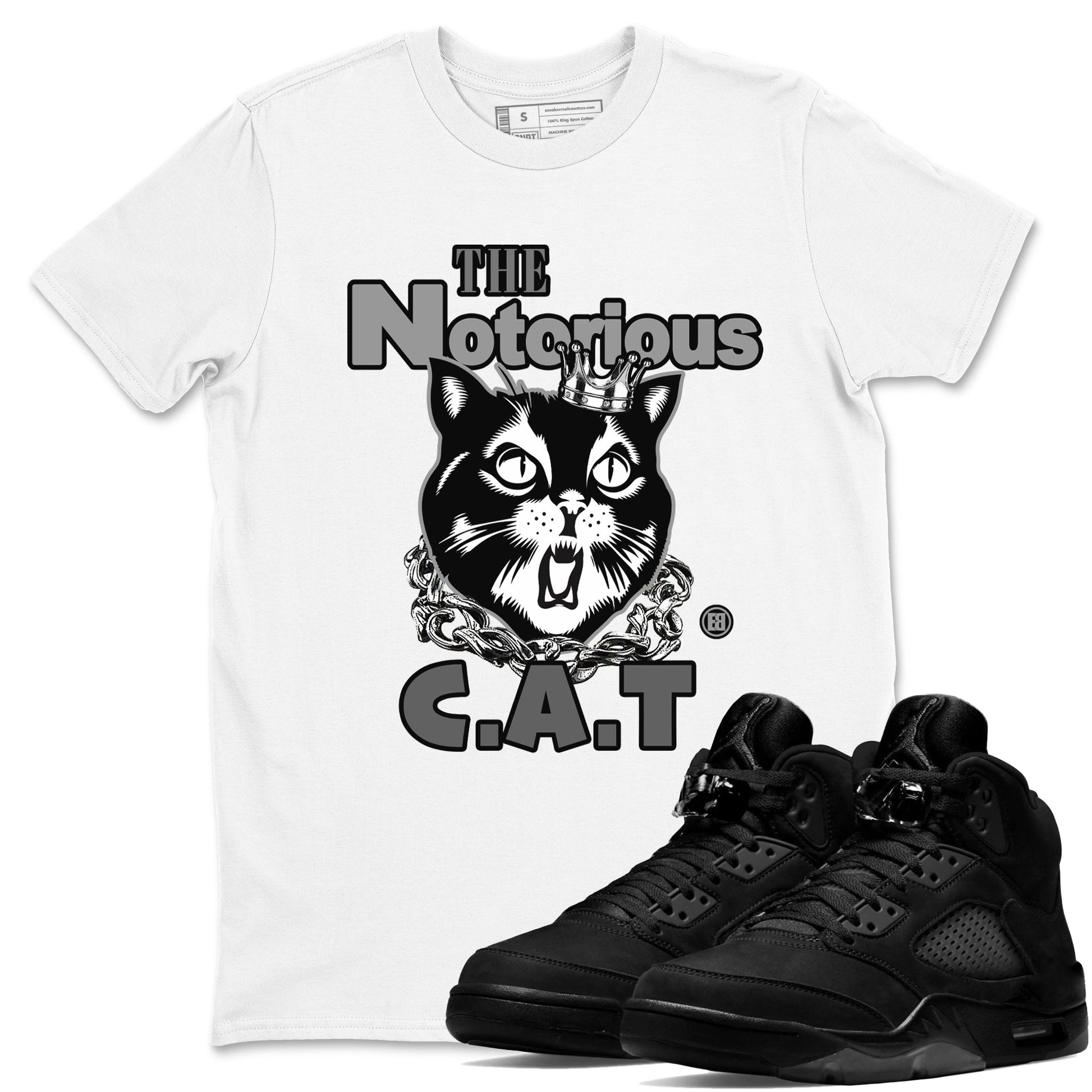 5s Black Cat shirts to match jordans The Notorious Cat sneaker match tees Air Jordan 5 Black Cat SNRT Sneaker Release Tees unisex cotton White 1 crew neck shirts