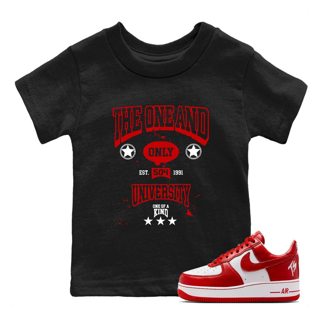 The One And Only University baby and kids t-shirt crafted for little sneakerheads to shine with the Air Force 1 University Red sneakers, displayed in Black 1.