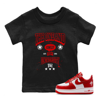 The One And Only University baby and kids t-shirt crafted for little sneakerheads to shine with the Air Force 1 University Red sneakers, displayed in Black 1.