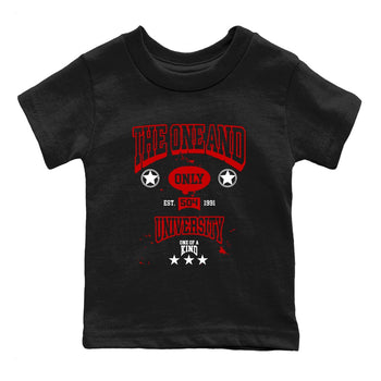 The One And Only University baby and kids t-shirt crafted for little sneakerheads to shine with the Air Force 1 University Red sneakers, displayed in Black 2.