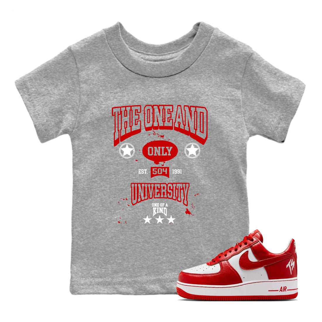 The One And Only University baby and kids t-shirt crafted for little sneakerheads to shine with the Air Force 1 University Red sneakers, displayed in Heather Grey 1.