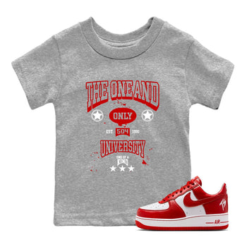 The One And Only University baby and kids t-shirt crafted for little sneakerheads to shine with the Air Force 1 University Red sneakers, displayed in Heather Grey 1.