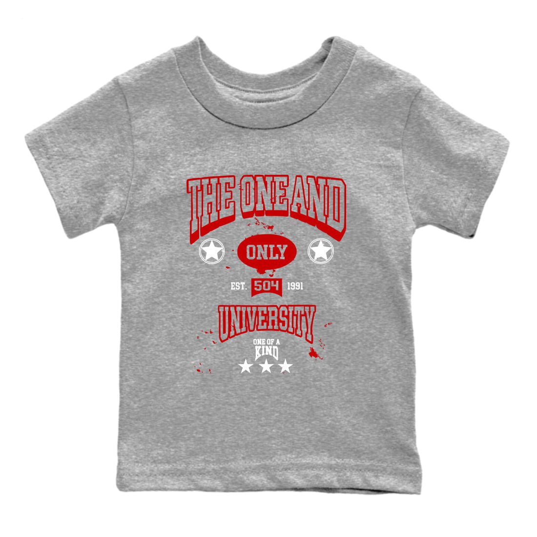 The One And Only University baby and kids t-shirt crafted for little sneakerheads to shine with the Air Force 1 University Red sneakers, displayed in Heather Grey 2.