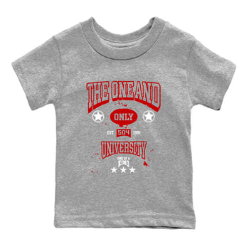 The One And Only University baby and kids t-shirt crafted for little sneakerheads to shine with the Air Force 1 University Red sneakers, displayed in Heather Grey 2.