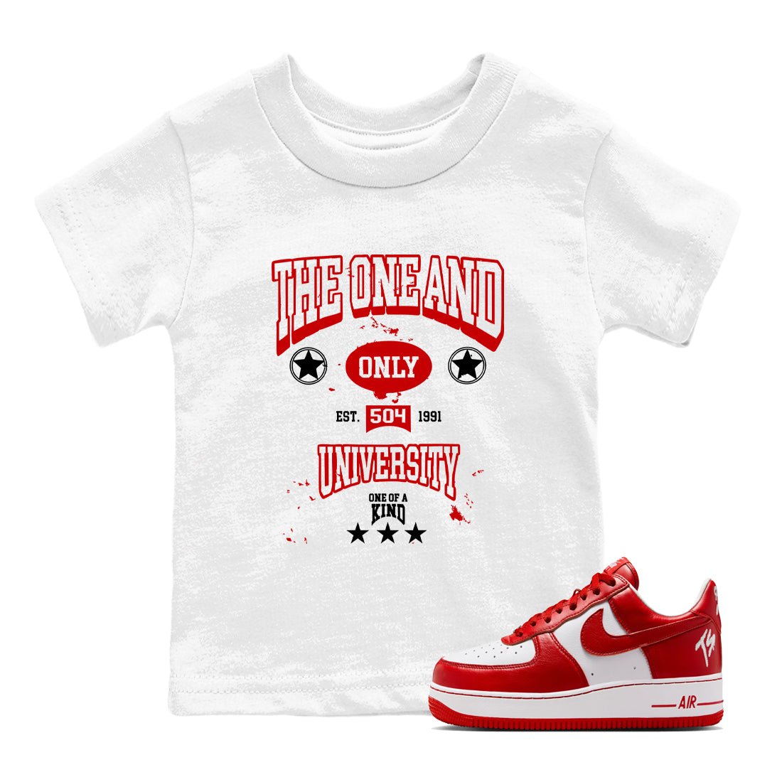 The One And Only University baby and kids t-shirt crafted for little sneakerheads to shine with the Air Force 1 University Red sneakers, displayed in White 1.