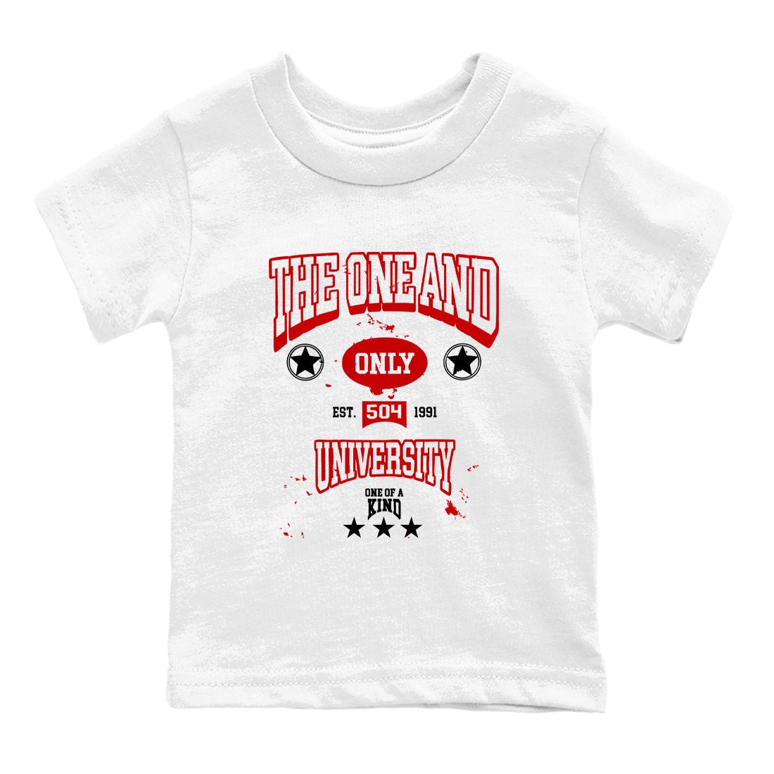 The One And Only University baby and kids t-shirt crafted for little sneakerheads to shine with the Air Force 1 University Red sneakers, displayed in White 2.