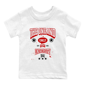 The One And Only University baby and kids t-shirt crafted for little sneakerheads to shine with the Air Force 1 University Red sneakers, displayed in White 2.