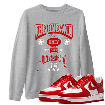 The One And Only University sneaker match t-shirt styled to complete your fit with the Air Force 1 University Red sneakers, shown in Heather Grey 1.
