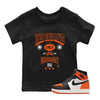 The One And Only University baby and kids t-shirt crafted for little sneakerheads to shine with the Air Jordan 1 Shattered Backboard sneakers, displayed in Black 1.