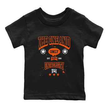 The One And Only University baby and kids t-shirt crafted for little sneakerheads to shine with the Air Jordan 1 Shattered Backboard sneakers, displayed in Black 2.