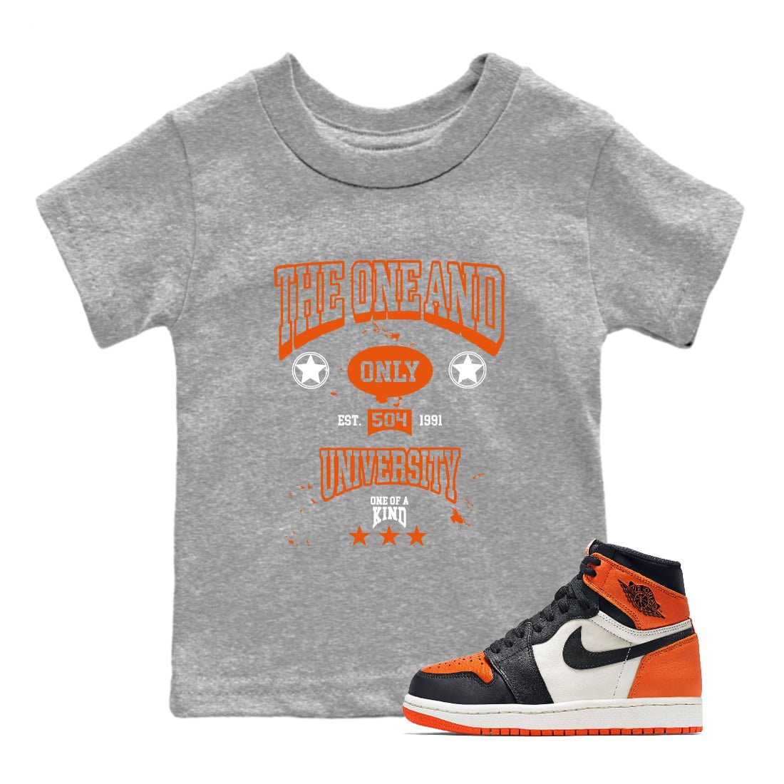The One And Only University baby and kids t-shirt crafted for little sneakerheads to shine with the Air Jordan 1 Shattered Backboard sneakers, displayed in Heather Grey 1.