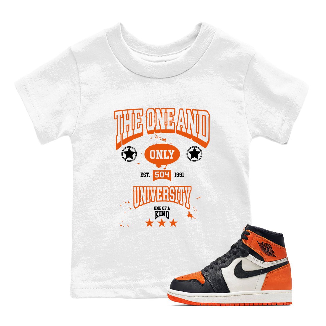 The One And Only University baby and kids t-shirt crafted for little sneakerheads to shine with the Air Jordan 1 Shattered Backboard sneakers, displayed in White 1.