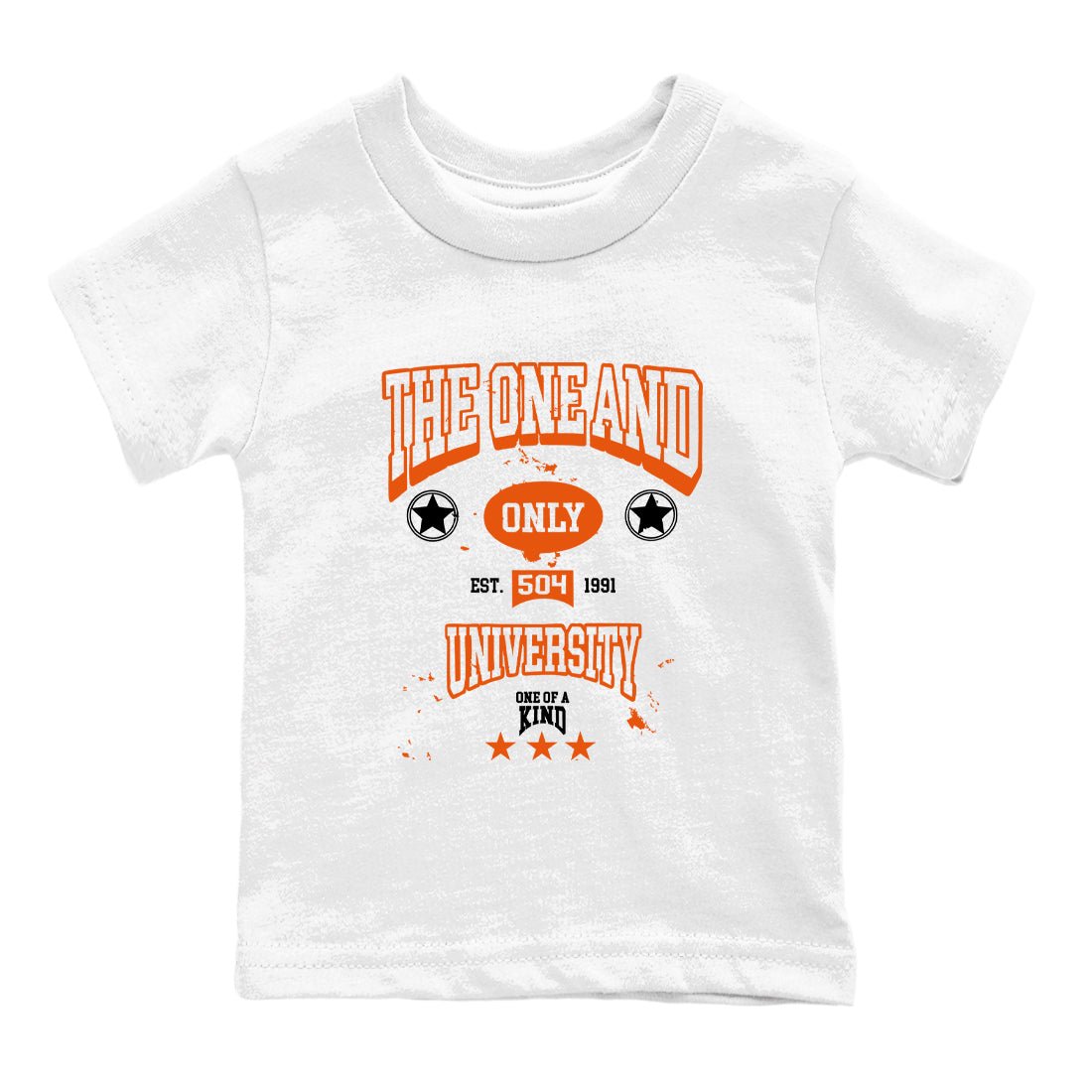 The One And Only University baby and kids t-shirt crafted for little sneakerheads to shine with the Air Jordan 1 Shattered Backboard sneakers, displayed in White 2.
