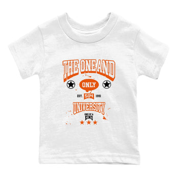 The One And Only University baby and kids t-shirt crafted for little sneakerheads to shine with the Air Jordan 1 Shattered Backboard sneakers, displayed in White 2.