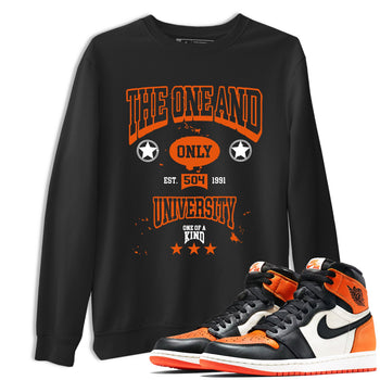 The One And Only University sneaker match t-shirt styled to complete your fit with the Air Jordan 1 Shattered Backboard sneakers, shown in Black 1.