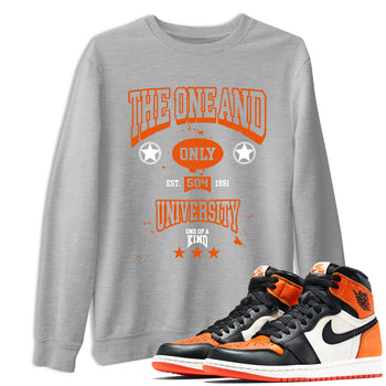 The One And Only University sneaker match t-shirt styled to complete your fit with the Air Jordan 1 Shattered Backboard sneakers, shown in Heather Grey 1.