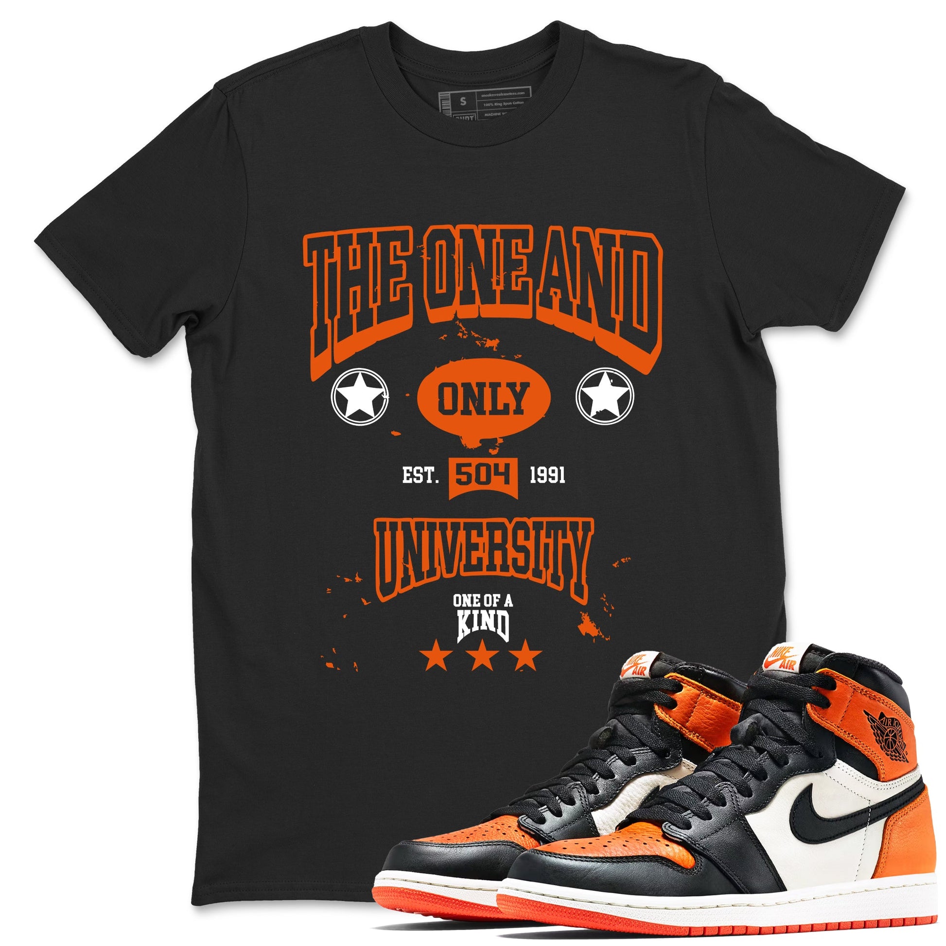 The One And Only University sneaker match t-shirt styled to complete your fit with the Air Jordan 1 Shattered Backboard sneakers, shown in Black 1.