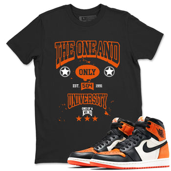 The One And Only University sneaker match t-shirt styled to complete your fit with the Air Jordan 1 Shattered Backboard sneakers, shown in Black 1.