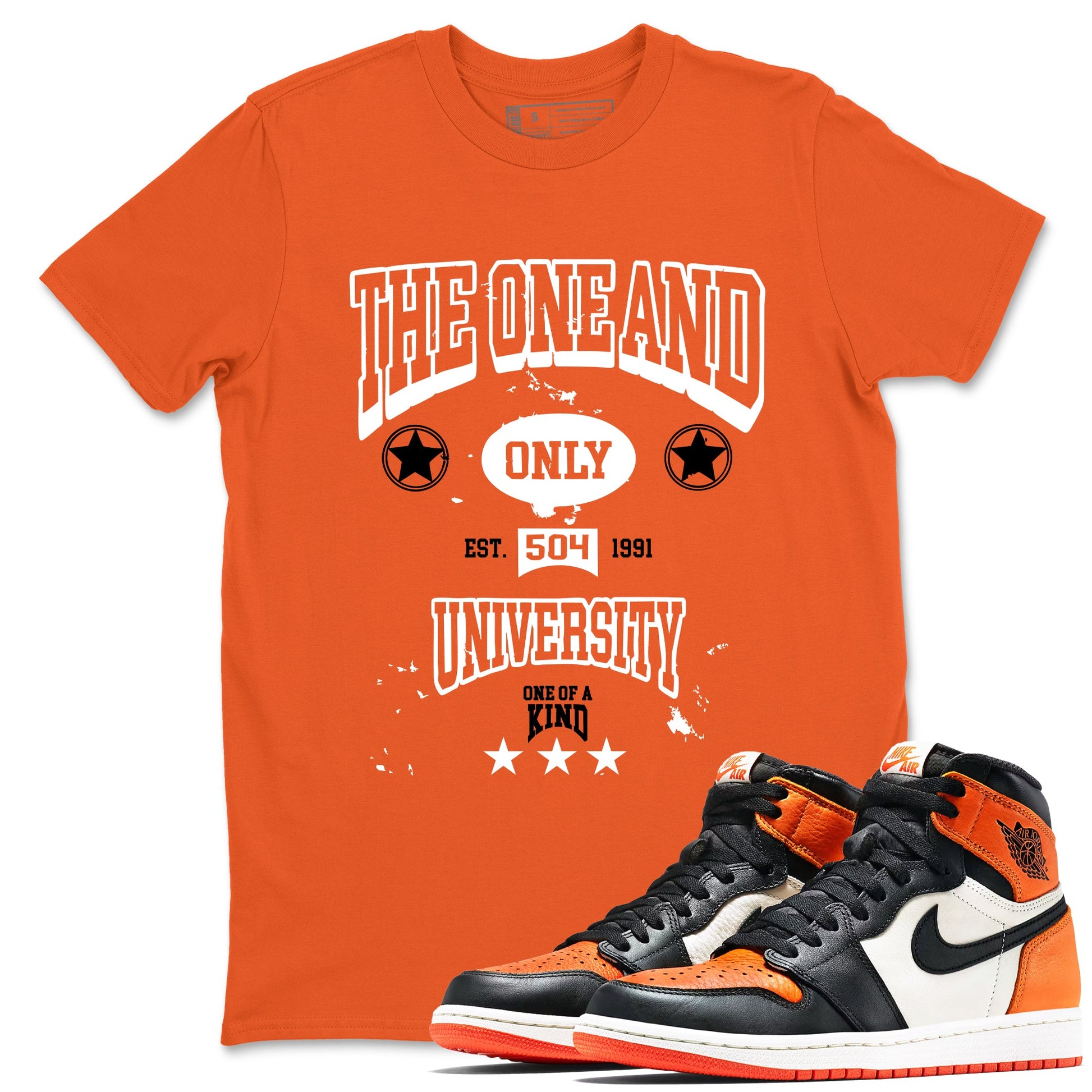 The One And Only University sneaker match t-shirt styled to complete your fit with the Air Jordan 1 Shattered Backboard sneakers, shown in Orange 1.