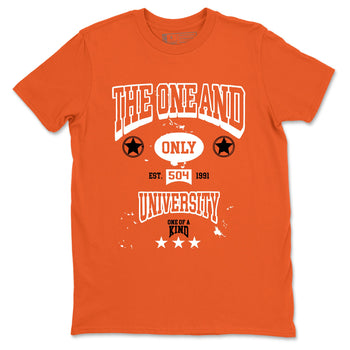 The One And Only University sneaker match t-shirt styled to complete your fit with the Air Jordan 1 Shattered Backboard sneakers, shown in Orange 2.
