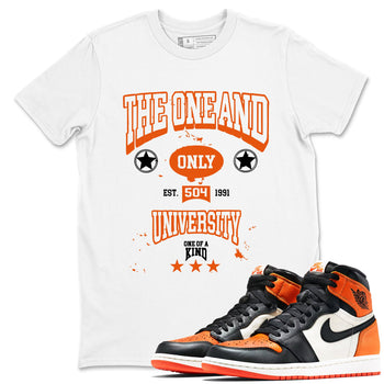 The One And Only University sneaker match t-shirt styled to complete your fit with the Air Jordan 1 Shattered Backboard sneakers, shown in White 1.