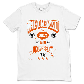 The One And Only University sneaker match t-shirt styled to complete your fit with the Air Jordan 1 Shattered Backboard sneakers, shown in White 2.