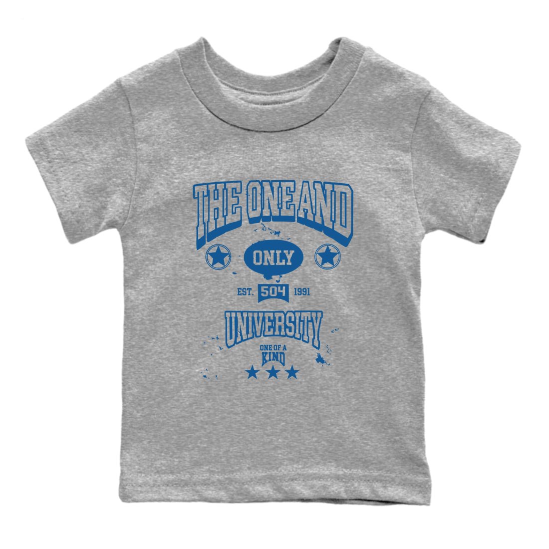 The One And Only University baby and kids t-shirt crafted for little sneakerheads to shine with the Air Jordan 12 French Blue sneakers, displayed in Heather Grey 2.