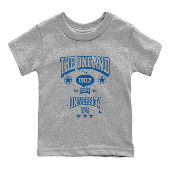 The One And Only University baby and kids t-shirt crafted for little sneakerheads to shine with the Air Jordan 12 French Blue sneakers, displayed in Heather Grey 2.