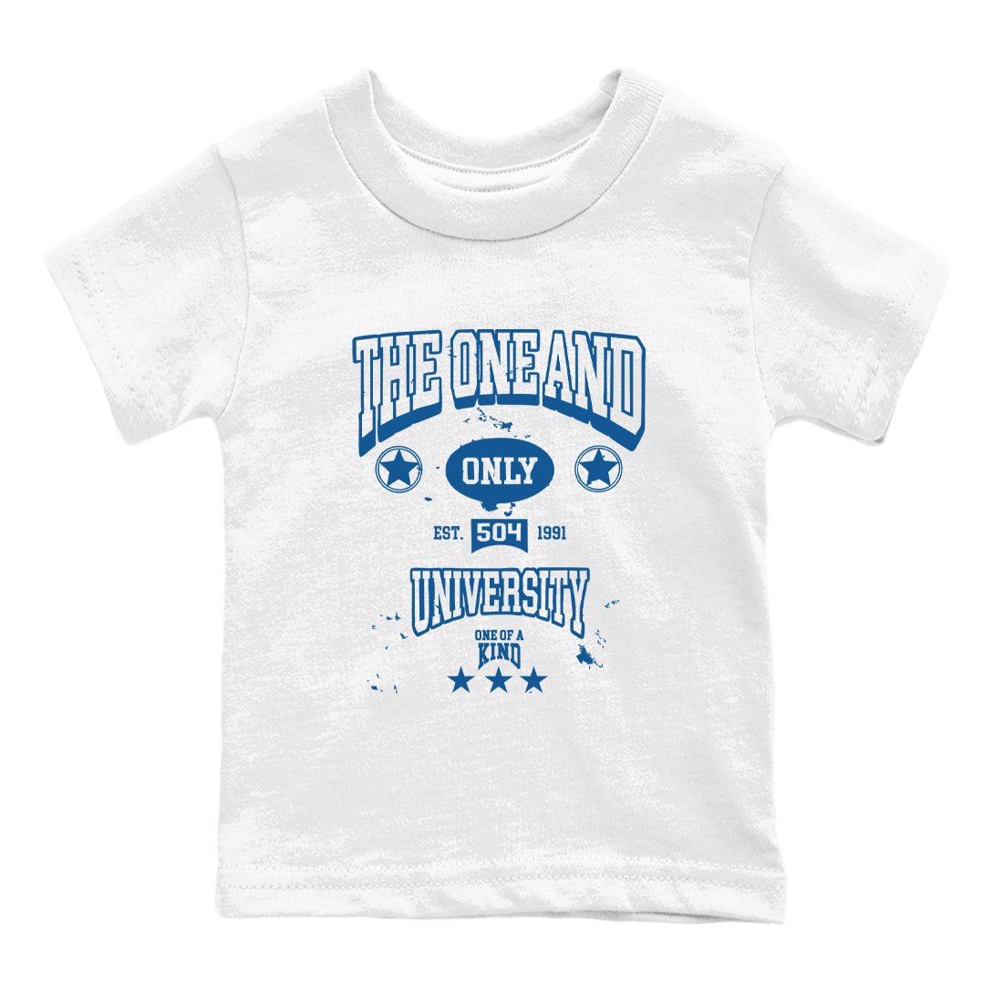 The One And Only University baby and kids t-shirt crafted for little sneakerheads to shine with the Air Jordan 12 French Blue sneakers, displayed in White 2.