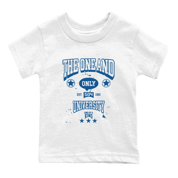 The One And Only University baby and kids t-shirt crafted for little sneakerheads to shine with the Air Jordan 12 French Blue sneakers, displayed in White 2.